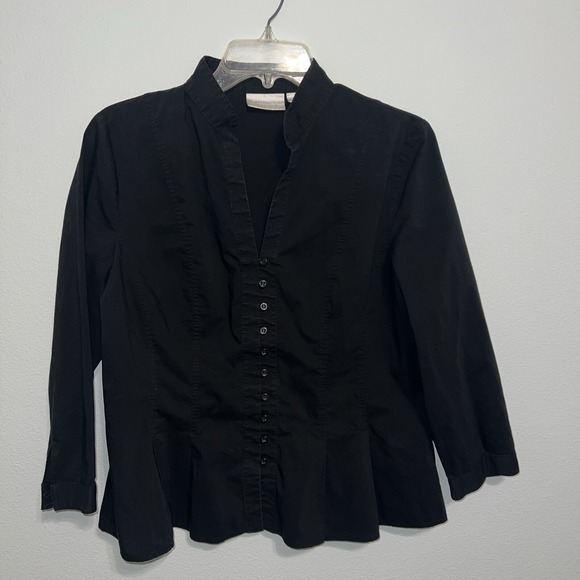 Worthington Stretch Button-Down Top Pleated Front Long Sleeve‎ Woman 12 Black - Picture 1 of 4